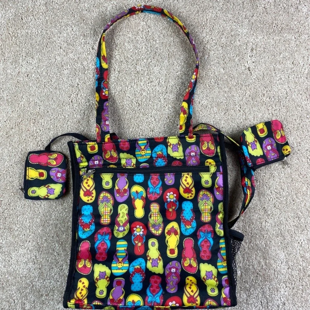 Flip Flop Print Tote Bag Black Multi Color Summer Beach Bag with Coin Pouches